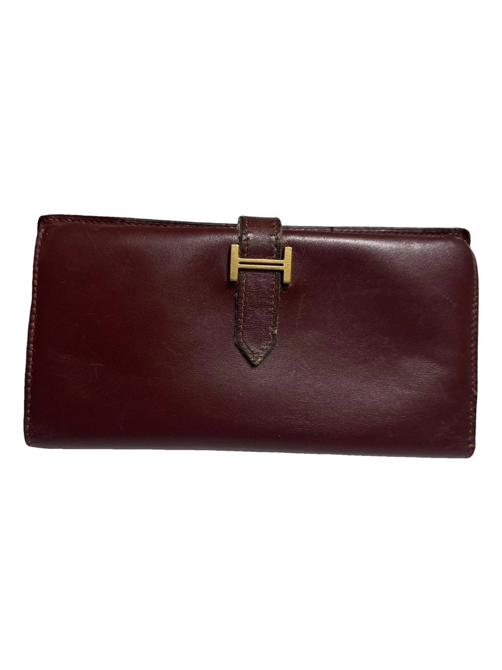 Hermès AUTHENTIC Vintage Bearn Burgundy Dark Red Classic Gold H Leather Wallet